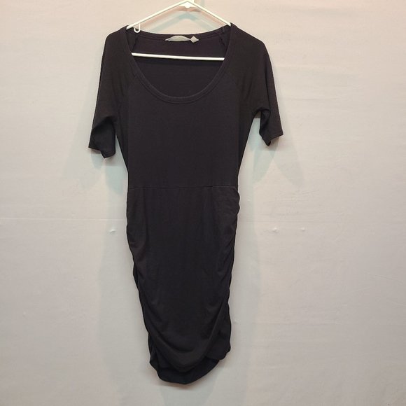 Athleta Dress Seeker Black Short Sleeve Mini Womens Extra Small Ruched Stretch - Picture 2 of 10
